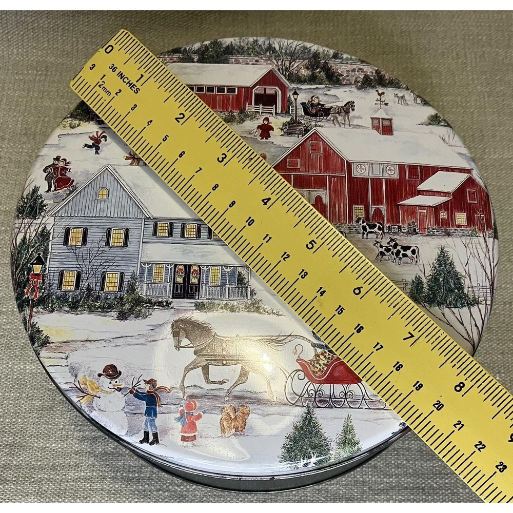 Vintage Susan Winget Winter Village Christmas Nut Tin Round Metal Storage Box 8" - Picture 5 of 6